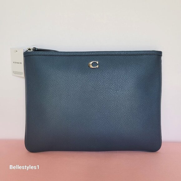 COACH Pebbled Leather Top-Zip Essential Pouch 28 - Denim color ⭐ - Picture 1 of 16